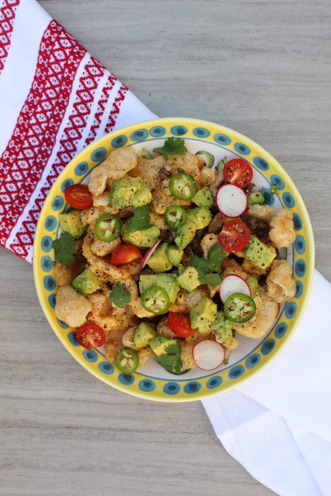 Pork rinds nachos with ground beef view above